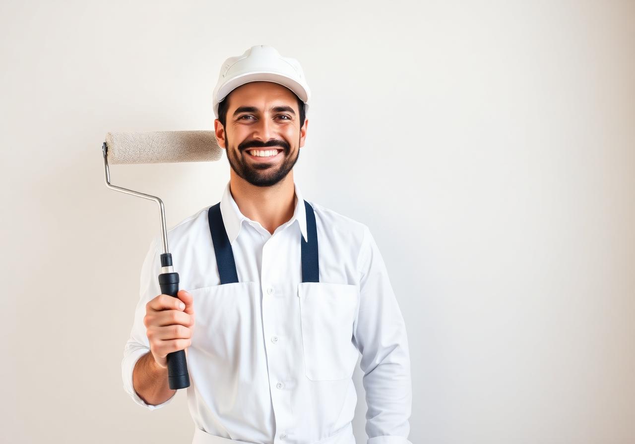 Pintor profissional sorrindo com rolo de pintura